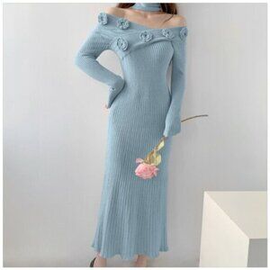 Women's Off-Shoulder Floral Decor Elegant Casual Long Sweater Dress